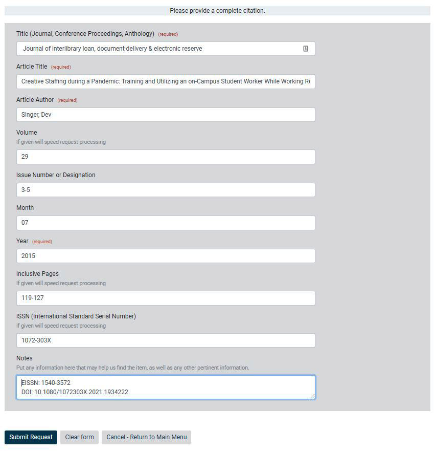 screenshot of ILL form
