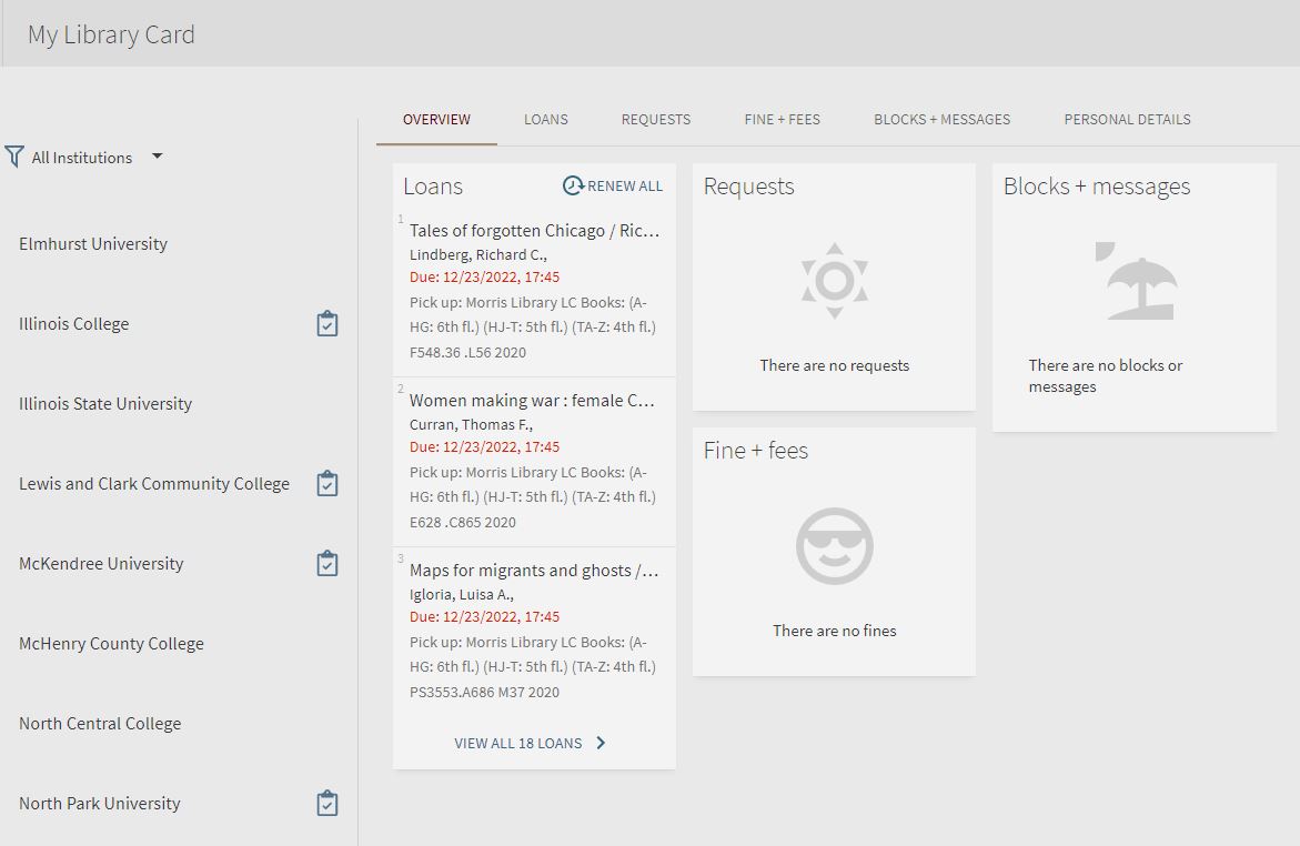 My Library Card page: shows all requests