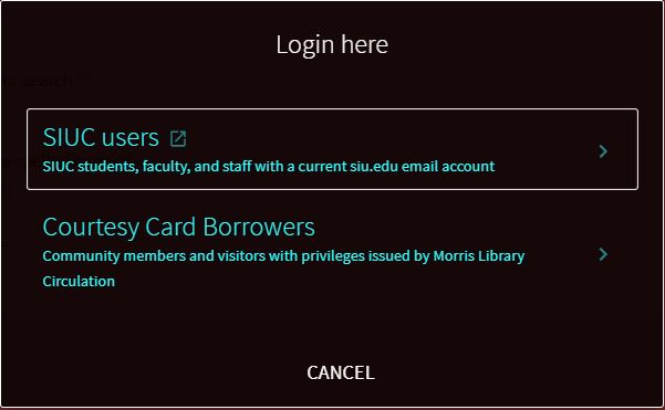 I-Share Login options: "SIUC users" and "Courtesy Card Borrowers"